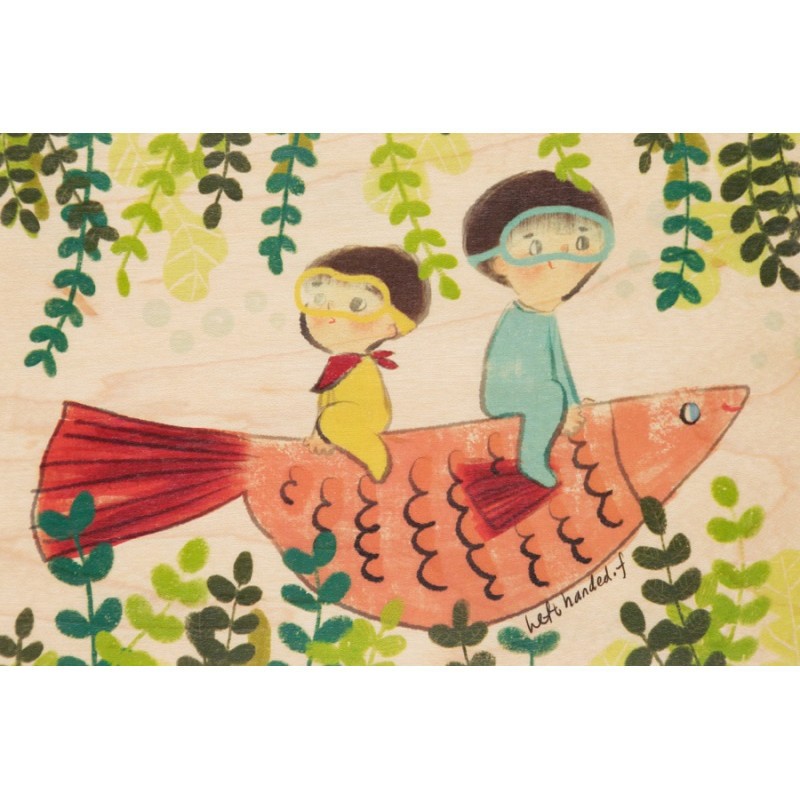 Carte postale souple en bois d'érable à motif d'enfants sur un poisson par Woodhi