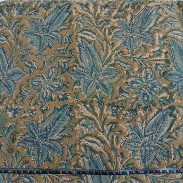 Voile de coton indien imprimé au block print à motifs de fleurs bleues sur fond kaki