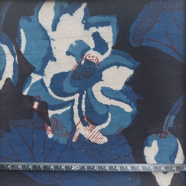 veritable coton indien grosse fleur bleue et beige sur fond noir