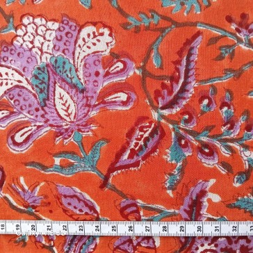 Coton indien BL-259 à fond orange et fleurs violettes