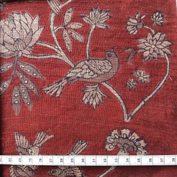 Khadi indien à fleurs et oiseaux beiges sur fond bordeaux