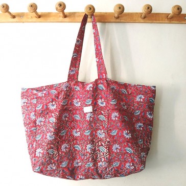 Sac cabas réversible Maison Pouic à fond rouge et fleurs bleues