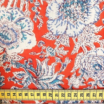 voile de coton orange grosses fleurs bleues