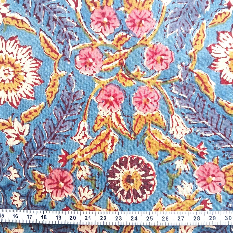 indienne fond bleu fleurs moutarde roses et bleues. indienne fond bleu fleurs moutarde roses et bleues.