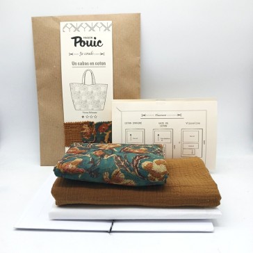 Kit de couture grand cabas en indienne verte et marron doublure gaze de coton havane par Maison Pouic