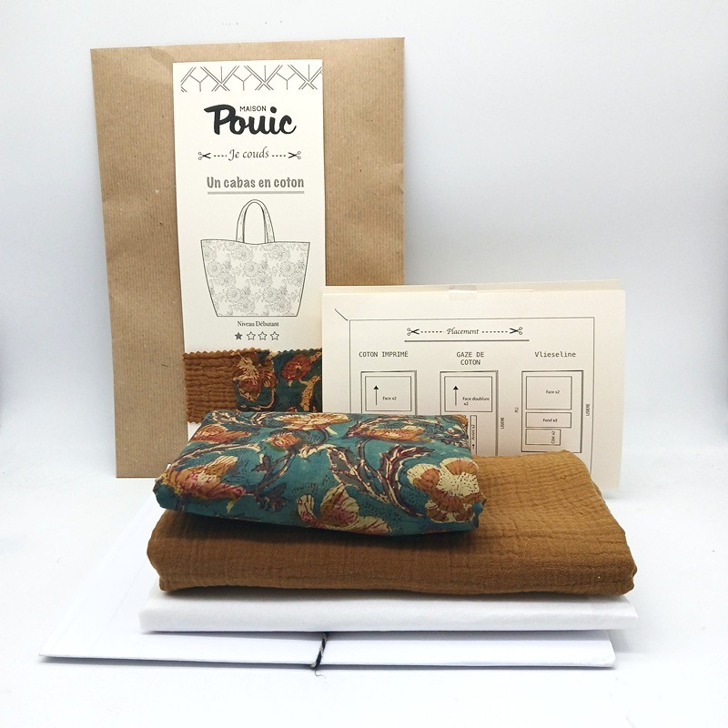 Kit de couture grand cabas en indienne verte et marron doublure gaze de coton havane par Maison Pouic Kit de couture grand cabas en indienne verte et marron doublure gaze de coton havane par Maison Pouic