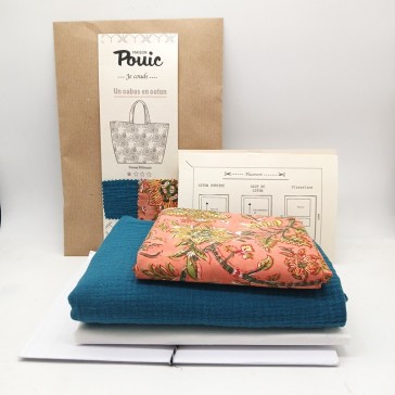Kit de couture pour réaliser un grand cabas réversible en indienne corail et gaze de coton bleue par Maison Pouic