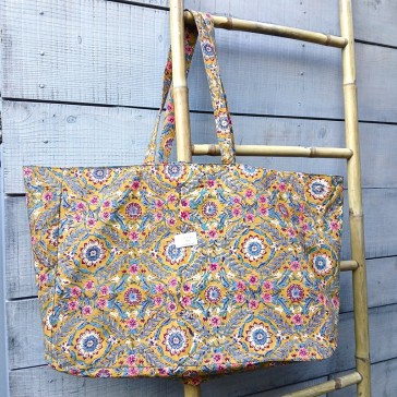 Box de couture grand sac réversible en indienne moutarde, bleue et rose, avec double gaze salicorne