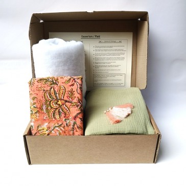 Kit de couture pour plaid en indienne corail doublure gaze de coton amande.