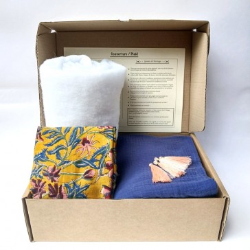 Kit de couture pour plaid en indienne jaune et double gaze bleu indigo