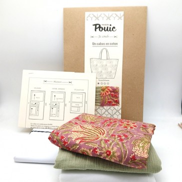 Kit de couture pour réaliser un grand cabes en indienne fleurie violine et double gaze vert amande par Maison Pouic.