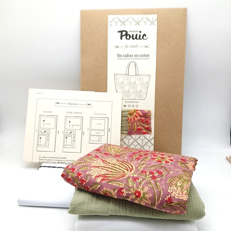 Kit de couture pour réaliser un grand cabas en indienne fleurie violine et double gaze vert amande par Maison Pouic