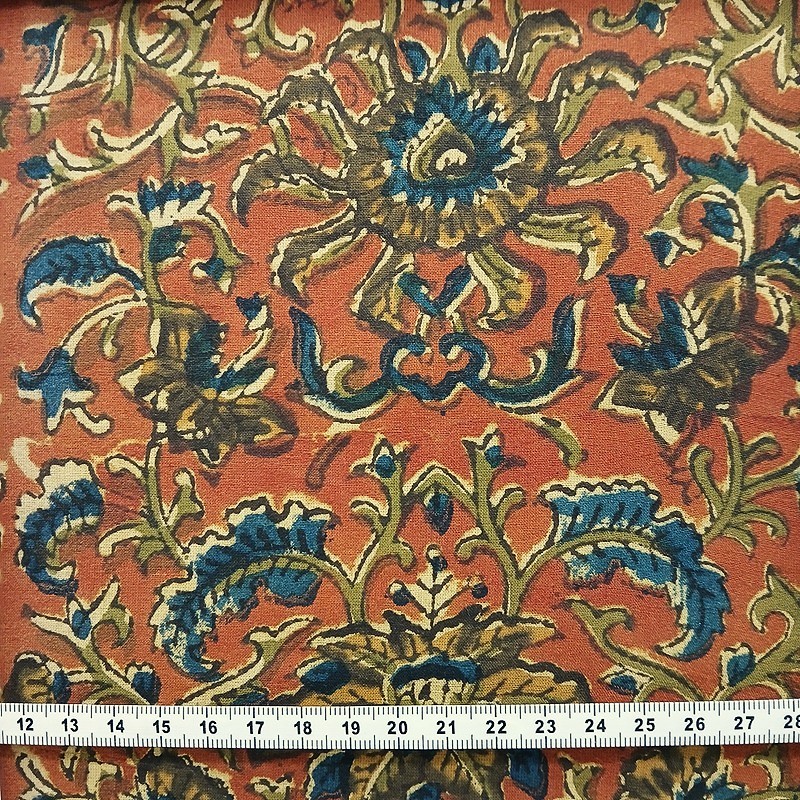 Tissu indien en coton marron fleurs et feuilles bleu marine, kaki et marron