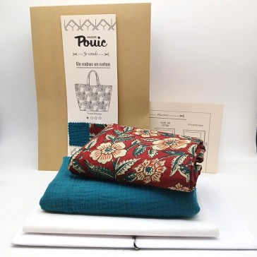 Kit de couture pour sac cabas réversible à fleurs beiges et rouille sur fond bordeaux et gaze de coton paon