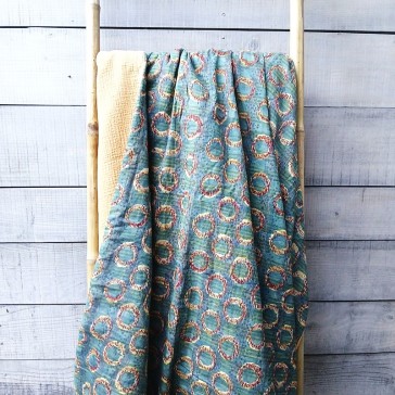 Plaid en coton indien vert foncé et ronds camel et bordeaux.