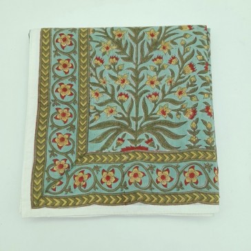 Foulard en coton indien à fond vert et ramages kaki, jaunes et bordeaux