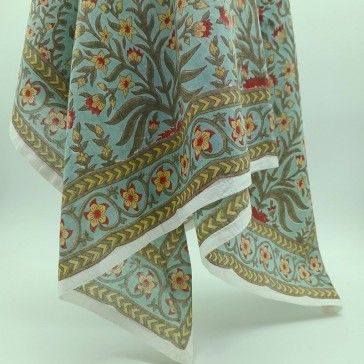 Foulard carré en coton indien à ramages kaki, bordeaux et jaunes sur fond vert