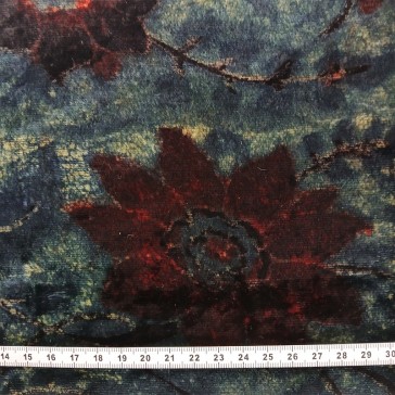 Velours de soie grandes fleurs bordeaux sur fond bleu