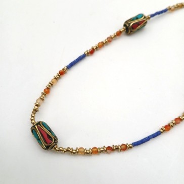 Collier indien réglable à perles bleues, marron et turquoise