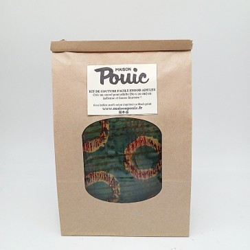 Kit pour réaliser un snood en fausse fourrure camel et indienne à fond vert foncé et ronds beiges