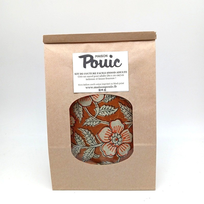 kit pour réaliser un snood en fausse fourrure écrue et indienne camel fleurs  beiges et orange