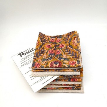 Coton indien fleuri fond ocre et nid d'abeille pour coudre des serviettes.