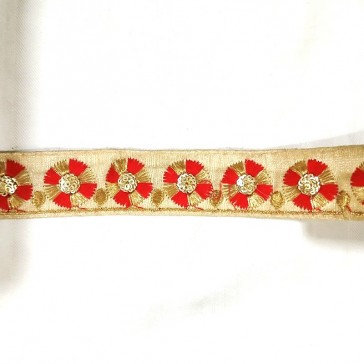 Galon indien à fleurs rouges et dorées vendu à la coupe