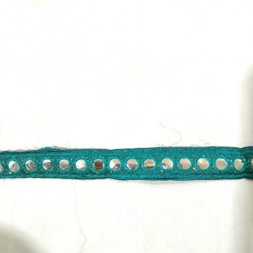 Ruban indien bleu canard à petits ronds façon miroirs vendu à la coupe