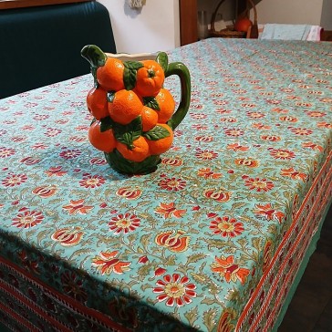 Nappe en coton indien turquoise et orange par maison Pouic