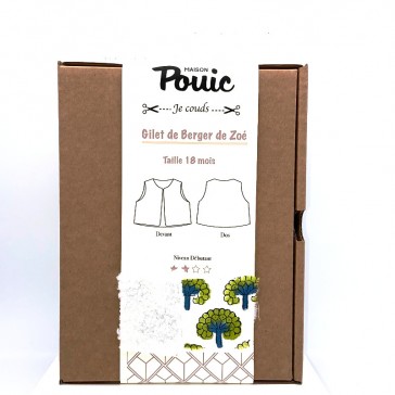 Kit de couture niveau débutant "Gilet de berger de Zoé" à motifs végétaux verts et bleus sur fond blanc par Maison Pouic